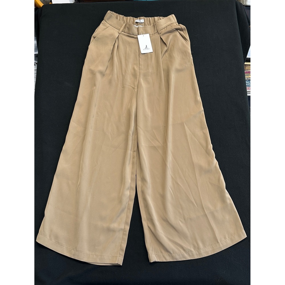 Tronjori Wide Leg Pants Taupe High Waisted Pleated Trousers T180223602 Womens M